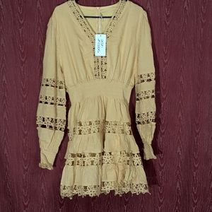 POSH SHOPPE YELLOWISH LACE SMOCH WAIST CUFFED LONG SLEEVE WOMEN'S SIZE 3X